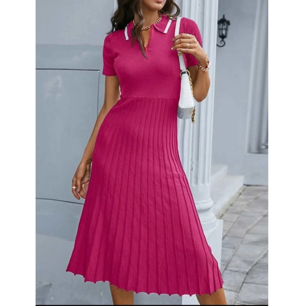 Color block collar pleated sweater dress burgundy - Picture 3 of 15